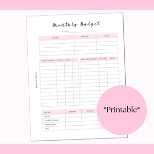 Monthly Budget Printable | 8.5x11 | PDF Digital Download