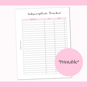 Subscription Tracker Printable | 8.5x11 | PDF Digital Download