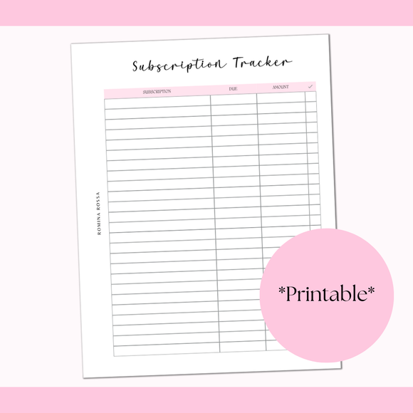 Subscription Tracker Printable | 8.5x11 | PDF Digital Download