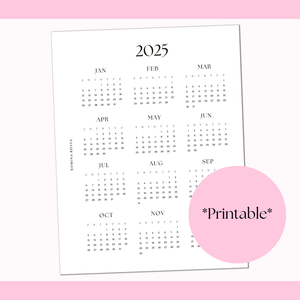 2025 Year at a Glance Printable | 8.5x11 | PDF Digital Download