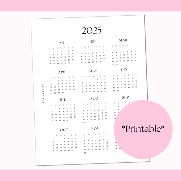 2025 Year at a Glance Printable | 8.5x11 | PDF Digital Download