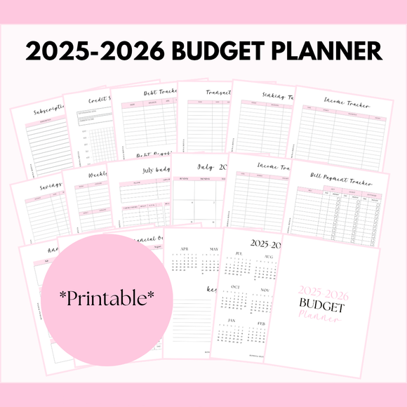 2025-2026 Budget Planner | PDF Printable | 8.5x11 | Pink & Gray