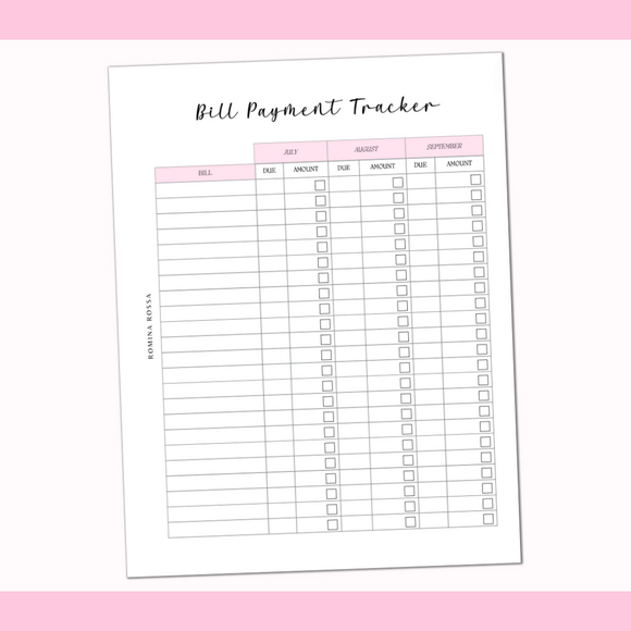 Bill Payment Tracker Inserts | 8.5x11 | 2 sheets